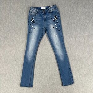 Black Daisy Jeans Women 1/25 Kate Straight Blue Denim Embroidery Stretch 25Wx29L